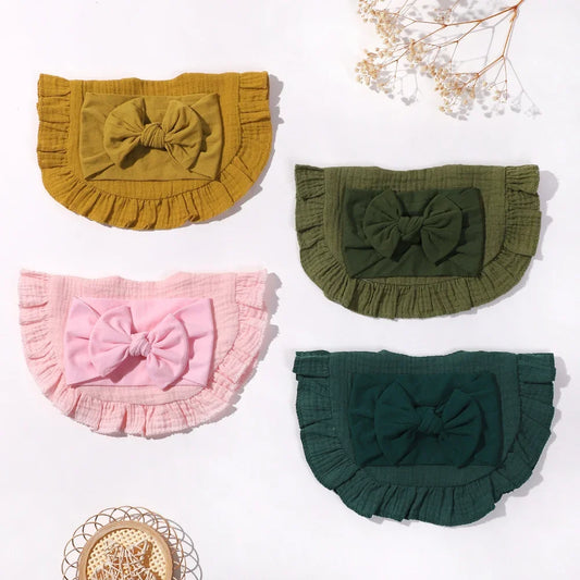 Toddler Ruffled Edge Turban Set with Big Bow - 2Pcs Solid Color Headbands for Newborns and Toddlers