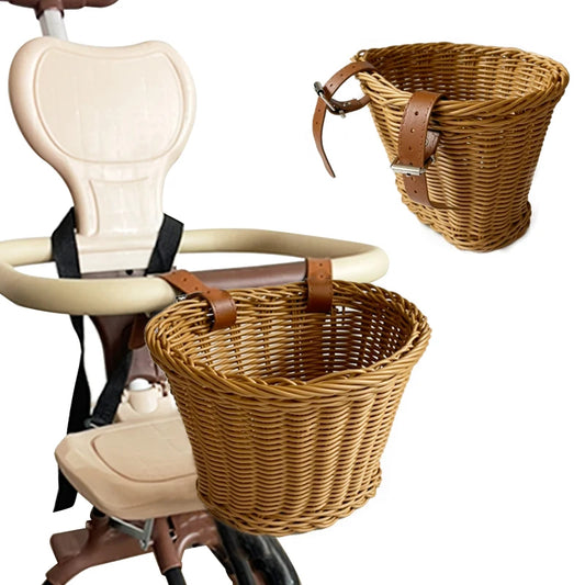 Kids Bike Scooter Front Storage Basket - Handmade Waterproof Woven Rattan Detachable Bag