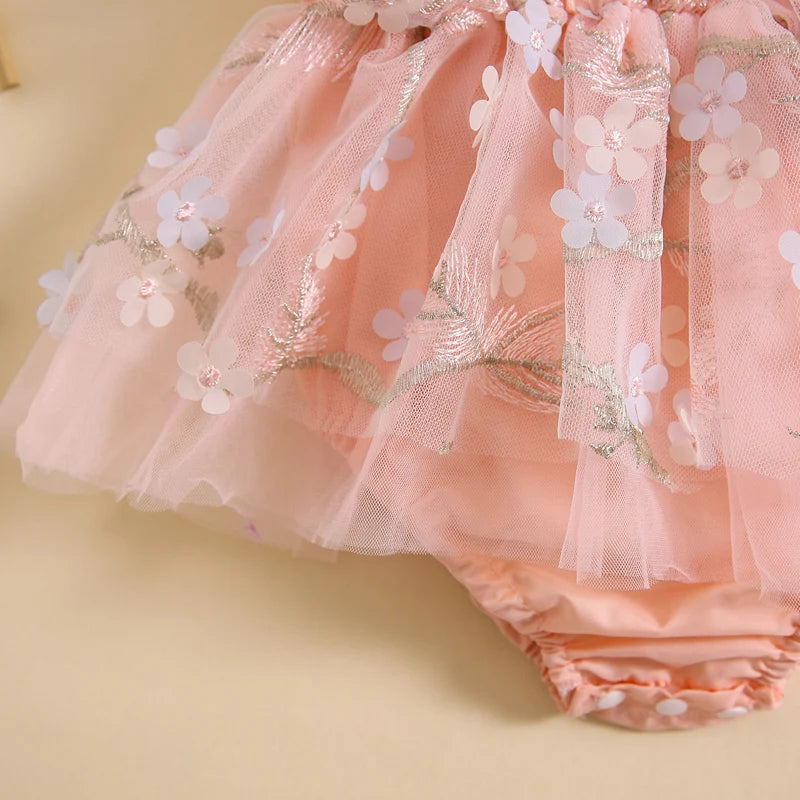 Summer Floral Embroidered Baby Girl Romper Dress Set with Tulle Skirt and Bowknot Headband