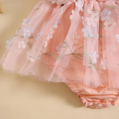 Summer Floral Embroidered Baby Girl Romper Dress Set with Tulle Skirt and Bowknot Headband
