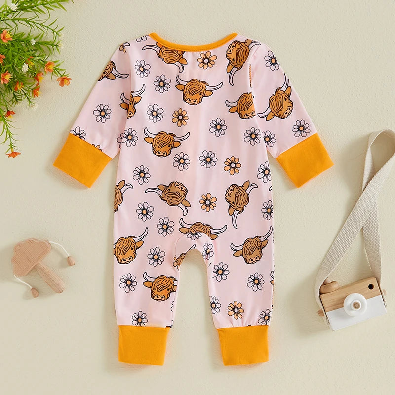 Adorable Highland Cow Print Long Sleeve Baby Girl Romper for Autumn and Spring
