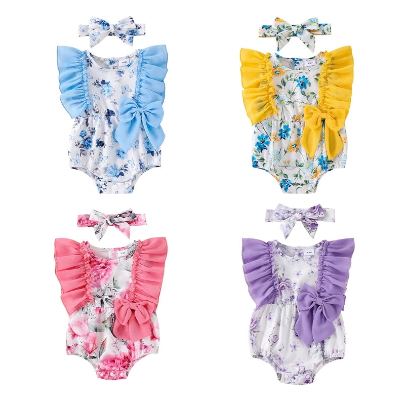 Toddler Summer Floral Bow Bodysuits with Ruffle Sleeves for Girls 0-18 Months