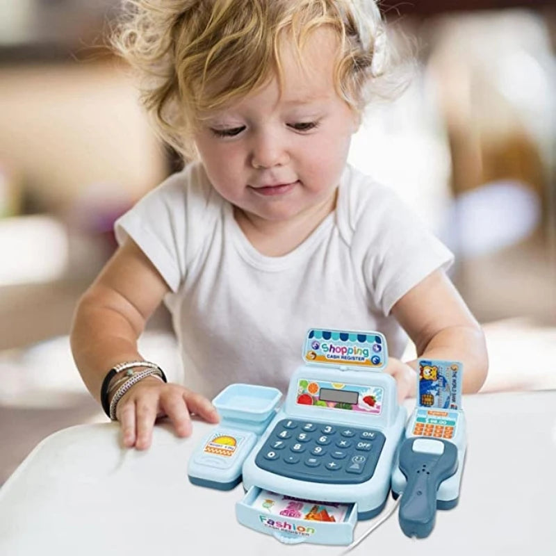 Kids Mini Cash Register Playset with Scanner - Montessori Supermarket Game for Girls and Boys, Interactive Toy with Lights and Sounds, Perfect Birthday Gift for Ages 3-12