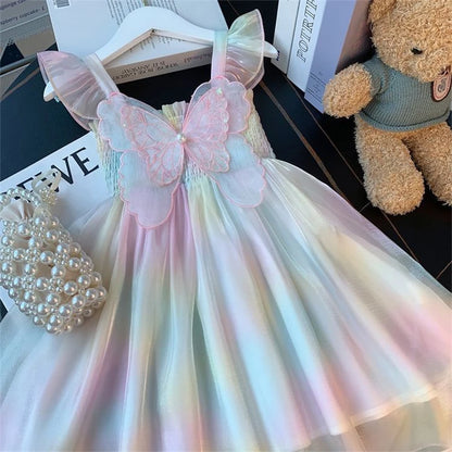Rainbow Butterfly Wing Mesh Dress for Girls - Sweet Summer Birthday Party Princess Attire