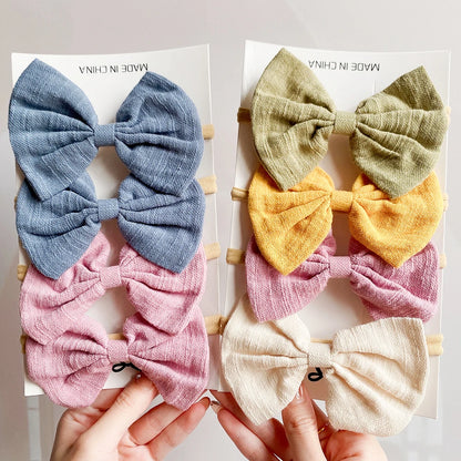 4-Pack Solid Cotton Baby Bows Headbands for Girls - Cute Elastic Nylon Hair Accessories for Newborns and Toddlers