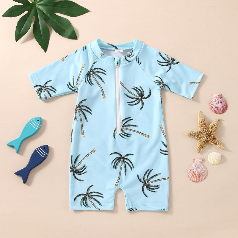 Toddler Unisex Blue Tropical Tree Print Short Sleeve Zipper Swimwear for Ages 1-5