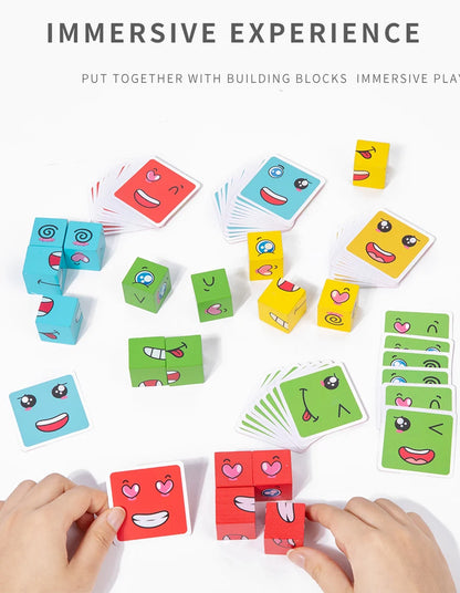 Wooden Expression Matching Puzzle Cube - Educational Building Blocks Game for Kids Aged 4-12