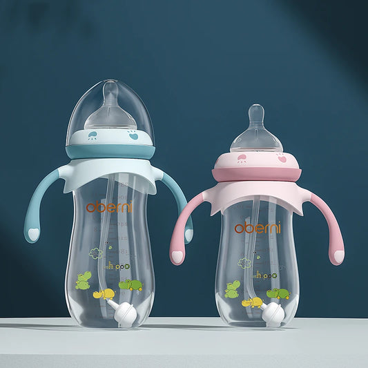 Oberni Silicone Baby Feeding Bottle with Anti-Colic Nipple and Weighted Straw Handle for Boys and Girls