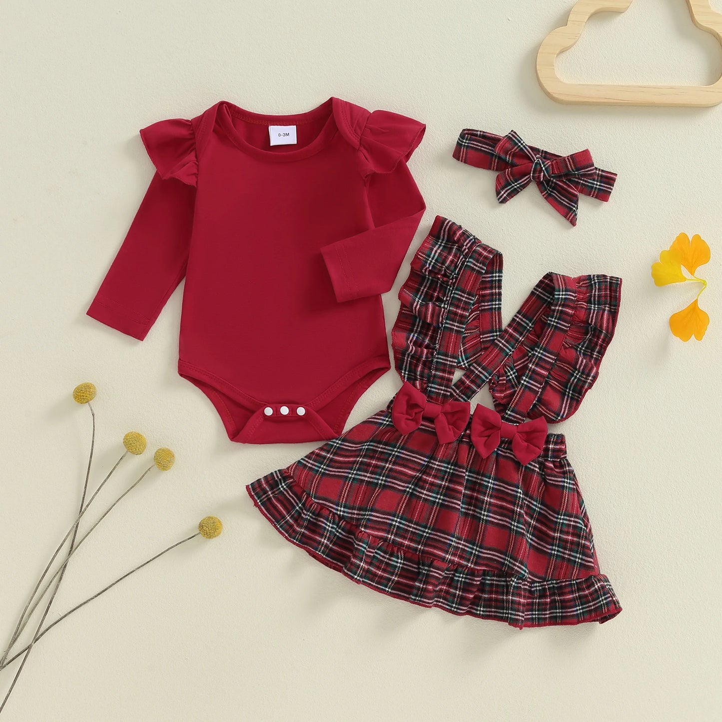 Adorable Baby Girls 3-Piece Christmas Outfit Set with Flying Sleeve Romper, Plaid Suspender Skirt, and Matching Headband