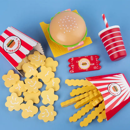 Wooden Hamburger & Fries Play Set - Interactive Montessori Kitchen Toy for Kids