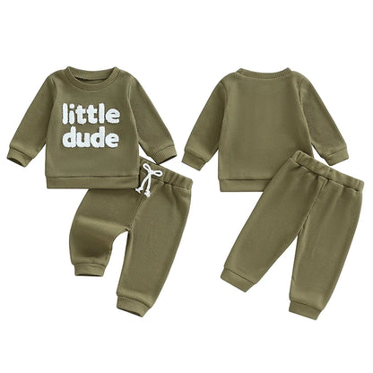 Unisex Baby Waffle Outfit Set with Letter Embroidery - Long Sleeve Sweatshirt and Elastic Waist Pants for Newborns
