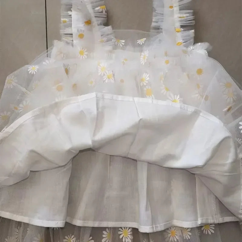 Toddler Girls' Sleeveless Floral Tulle Dress - Elegant Daisy Print Birthday Party Outfit for Summer
