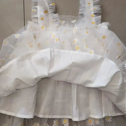 Toddler Girls' Sleeveless Floral Tulle Dress - Elegant Daisy Print Birthday Party Outfit for Summer