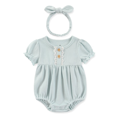 Summer Cotton Bodysuit & Headband Set for Newborn Baby Girls - 0-24 Months Solid Color Jumpsuit