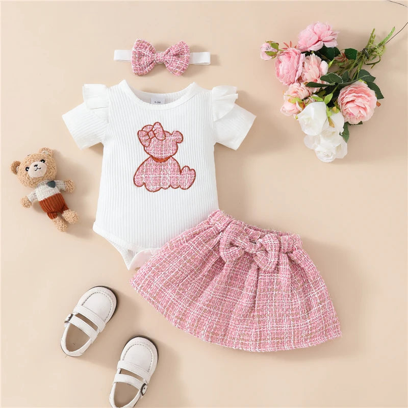 Adorable Baby Girls 3-Piece Skirt Set with Bear Embroidery Romper, Bow Mini Skirt, and Headband for Summer