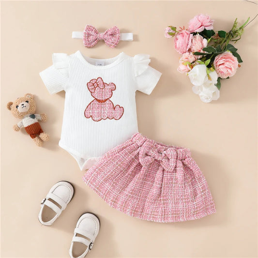 Adorable Baby Girls 3-Piece Skirt Set with Bear Embroidery Romper, Bow Mini Skirt, and Headband for Summer