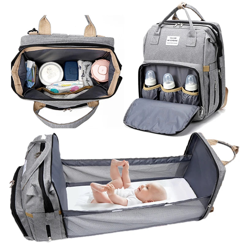 Stylish Multifunctional Diaper Bag Backpack with Baby Bed and Nursing Compartments
