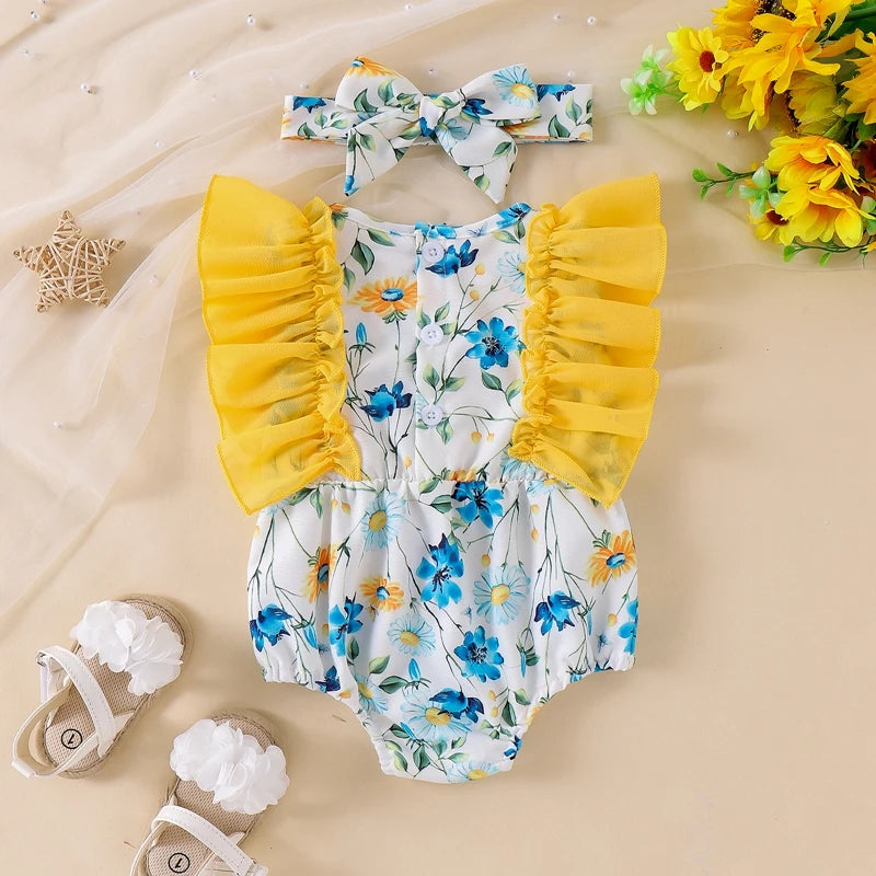 Toddler Summer Floral Bow Bodysuits with Ruffle Sleeves for Girls 0-18 Months