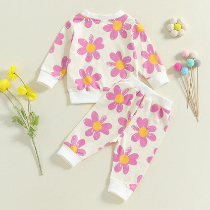 Toddler Girls' Flower Print 2-Piece Outfit Set for Spring and Autumn
