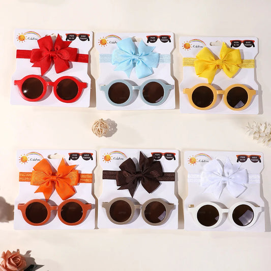 Sunflower Bow Headband and Sunglasses Set for Kids - Retro Round Heart Glasses and Hair Clip Combo for Girls Aged 4-6Y