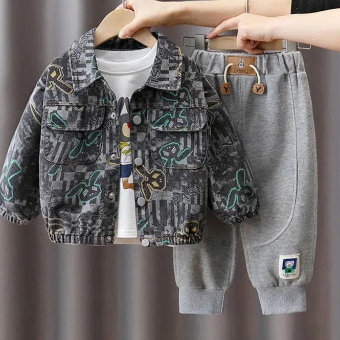 New 2023 Spring Autumn Boys Casual Denim Coat and Sports Pants Set for Kids