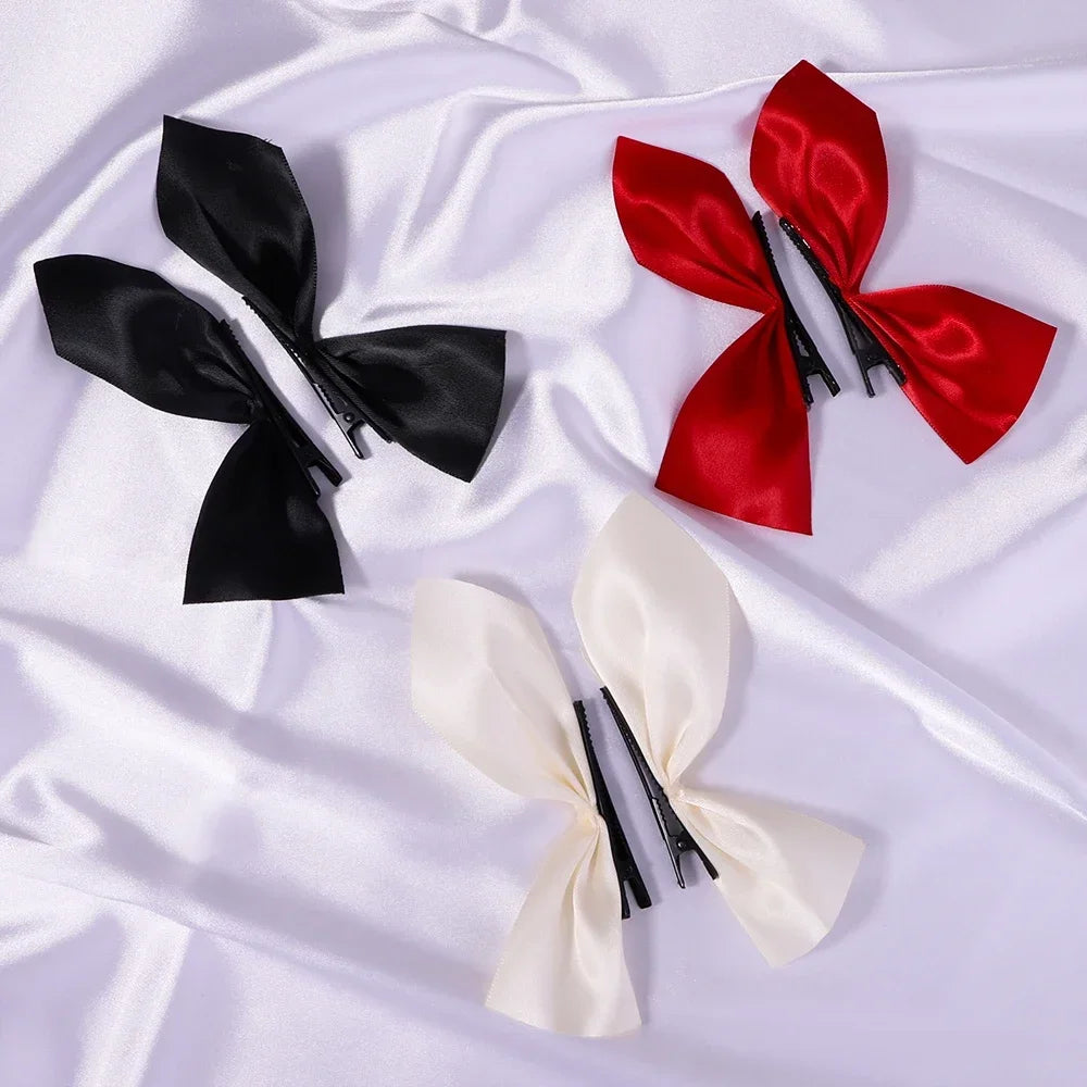 Vintage-Inspired Black and White Ribbon Hair Bow Clips - 2-Piece Set for Women and Girls