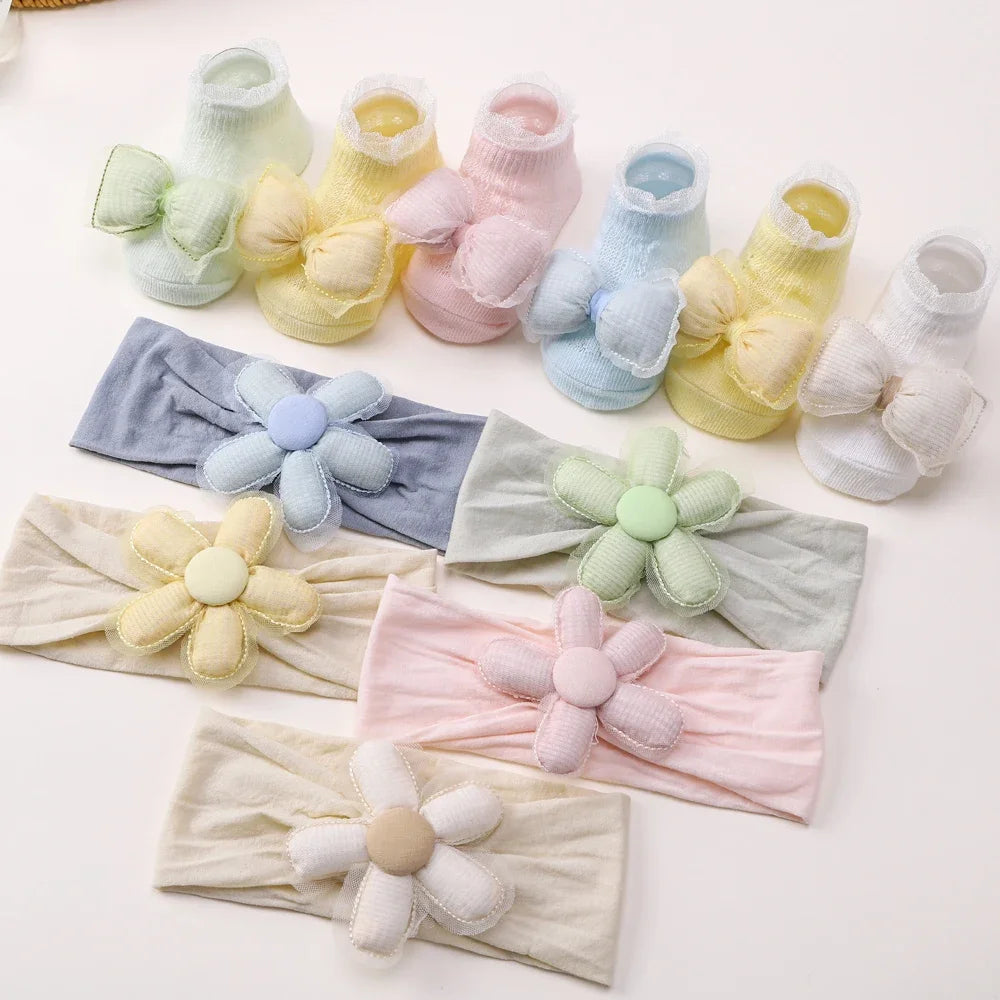 Adorable Baby Socks and Flower Headband Set - 2pcs Candy Color Bow Accessories for Newborns
