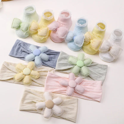 Adorable Baby Socks and Flower Headband Set - 2pcs Candy Color Bow Accessories for Newborns