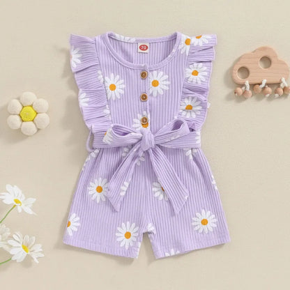 Summer Daisy Print Girls' Sleeveless Romper with Ruffled Sleeves and Belt