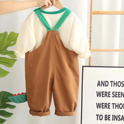 Adorable 2023 Autumn Baby Boys Cartoon Dinosaur Long Sleeve Rompers and Sweatshirt Set
