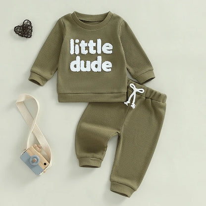 Unisex Baby Waffle Outfit Set with Letter Embroidery - Long Sleeve Sweatshirt and Elastic Waist Pants for Newborns