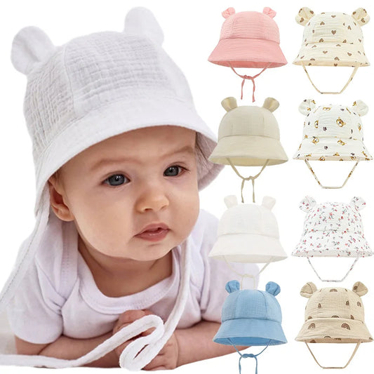 Cotton Muslin Bucket Hats for Infants - Cute Floral Print Fisherman Caps for Boys and Girls, 3-12 Months