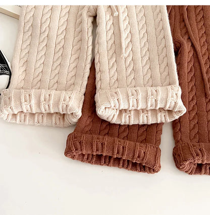 Unisex Cotton Knit Set for Kids - Solid Color Sweater and Pants Outfit for Spring and Autumn