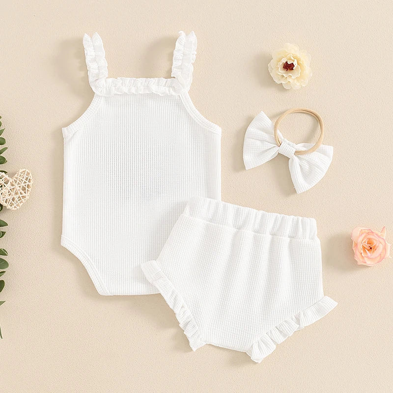 3-Piece Summer Outfit Set for Baby Girls - Waffle Flower Embroidered Sleeveless Romper, Ruffle Shorts, and Headband