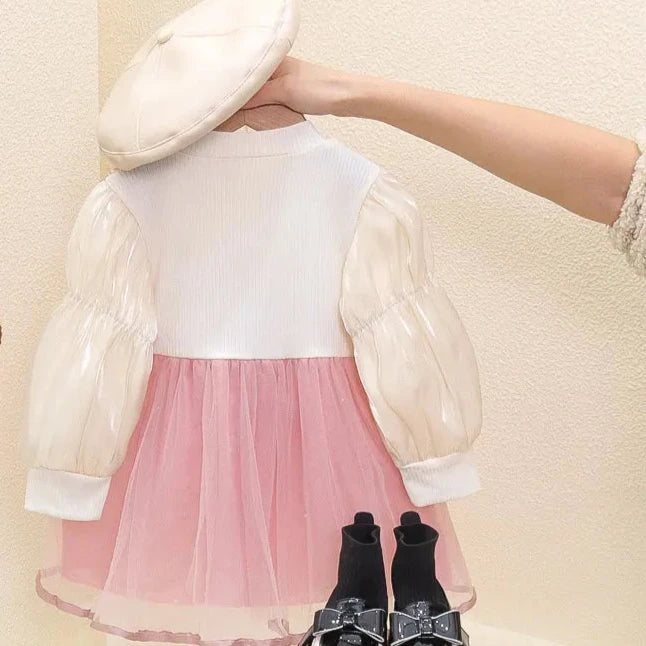 Sweet Spring/Summer Girls' Two-Piece Look Gauze Party Dress with Long Sleeves for Kids