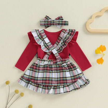 Adorable Baby Girls 3-Piece Christmas Outfit Set with Flying Sleeve Romper, Plaid Suspender Skirt, and Matching Headband