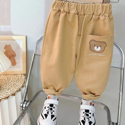Adorable 2023 Boys' Cartoon Bear Denim Shirt and Pants Set for Spring and Autumn Fashion