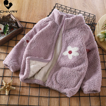Adorable 2023 Kids Winter Flannel Jacket for Boys and Girls - Cute Cartoon Stand Collar Zipper Coat