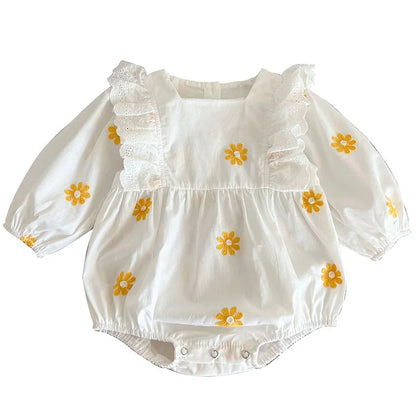 Adorable Daisy Embroidered Long Sleeve Girls Romper - 2024 Spring Toddler Jumpsuit for Infants 0-2T
