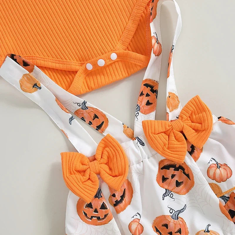 Adorable Baby Girl Long Sleeve Pumpkin Print Romper Set with Overall Shorts and Headband for Halloween