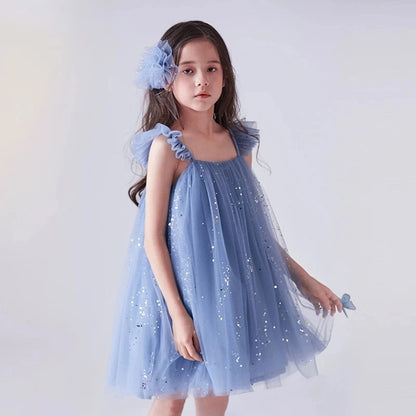 Summer Tulle Sequin Ruffled Dress for Girls - Elegant Birthday Princess Casual Party Dress