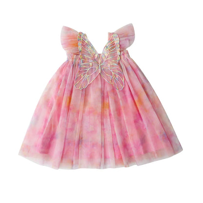 Toddler Girls' Summer Princess Dress with Rainbow Wings and Mesh Sleeves for Birthday Celebrations
