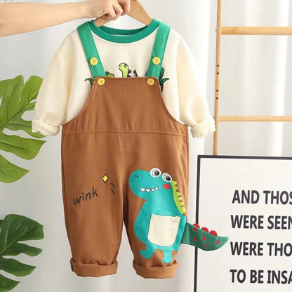 Adorable 2023 Autumn Baby Boys Cartoon Dinosaur Long Sleeve Rompers and Sweatshirt Set