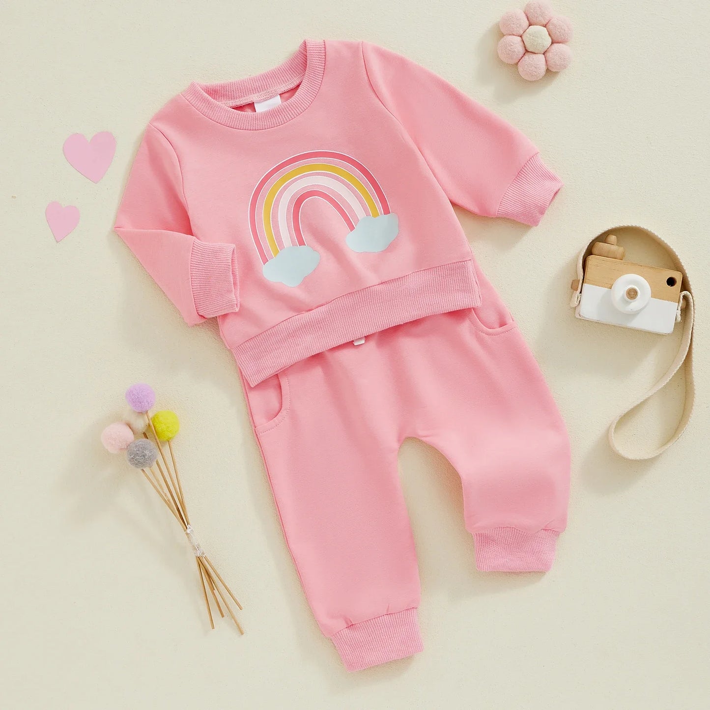 Toddler Girls' Rainbow Print 2-Piece Sweatsuit Set with Long Sleeve Sweatshirt and Pants