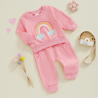 Toddler Girls' Rainbow Print 2-Piece Sweatsuit Set with Long Sleeve Sweatshirt and Pants