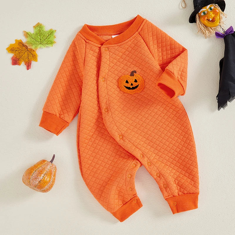 Cute Ghost Embroidered Halloween Romper for Infants - Long Sleeve Full Length Jumpsuit for Boys and Girls