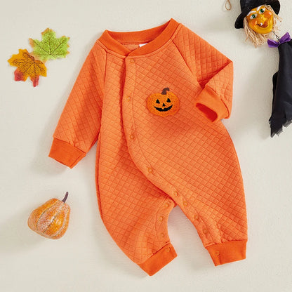 Cute Ghost Embroidered Halloween Romper for Infants - Long Sleeve Full Length Jumpsuit for Boys and Girls
