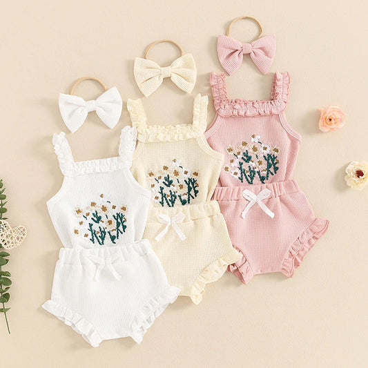 3-Piece Summer Outfit Set for Baby Girls - Waffle Flower Embroidered Sleeveless Romper, Ruffle Shorts, and Headband