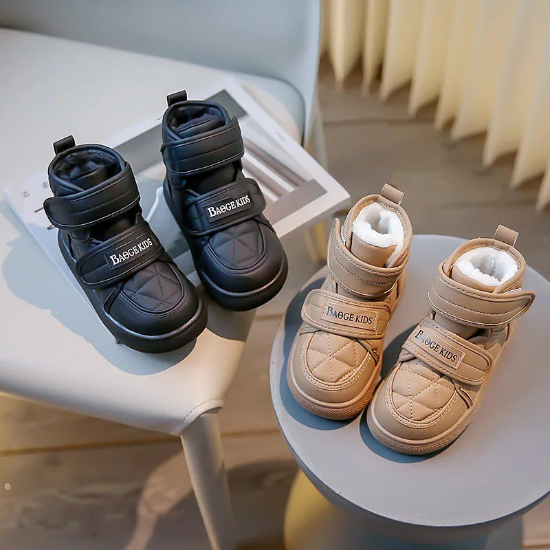 2024 Stylish Plush Leather Winter Boots for Kids - Warm Snow Shoes with Drawstring and Soft Soles for Boys and Girls