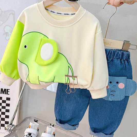 2023 Boys Casual Cartoon Elephant Sweatshirt and Denim Pants Outfit for Spring and Autumn